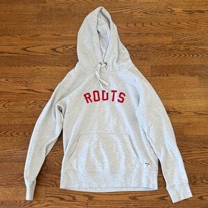 Roots Light Gray Hoodie with Red Lettering